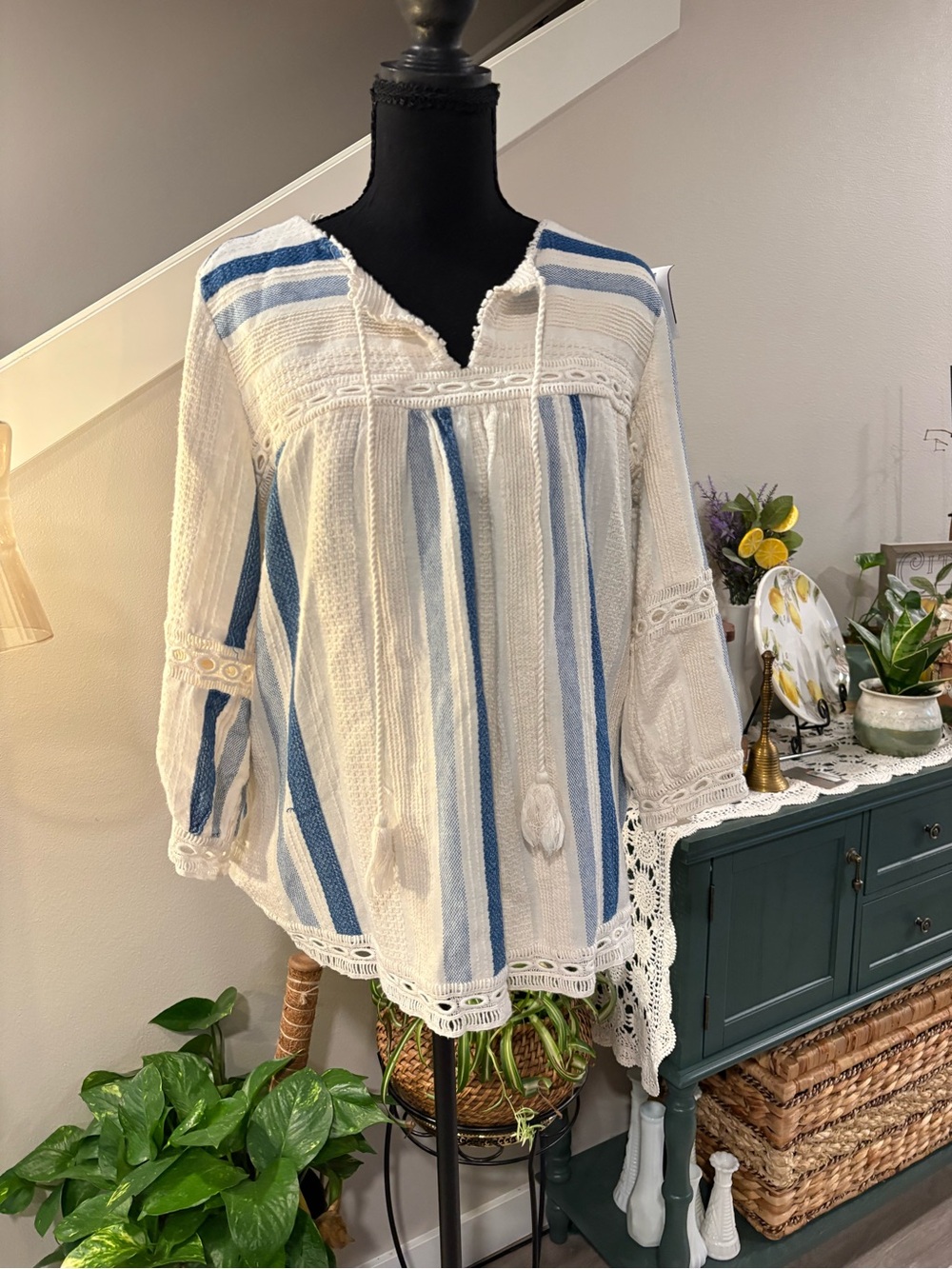 Boho Cream Tunic with Blue Stripes and Lace Trim
